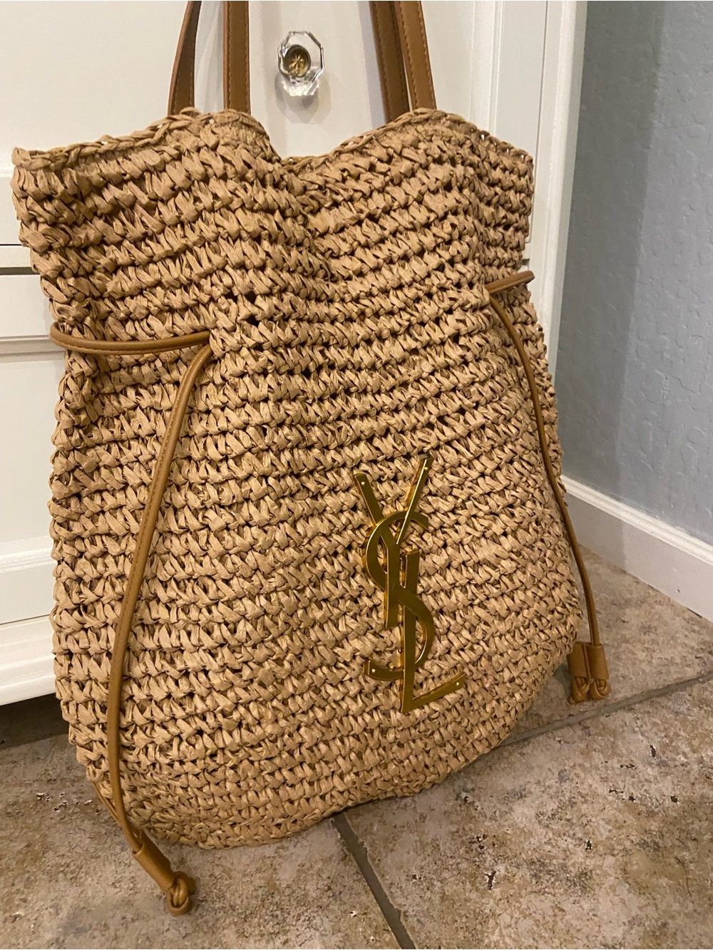 Natural Raffia Drawstring Tote with Gold Logo - Picture 3 of 7